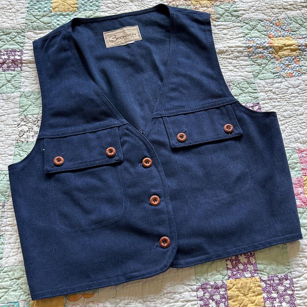 Vintage 60s/70s Navy Moleskin Brushed Cotton Faux Flap Pocket Vest S
